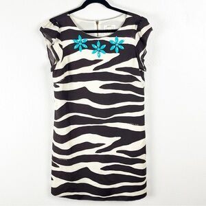 STS 100% Silk Brown Striped Turquoise Embellished Neckline Short Sleeve Dress 12